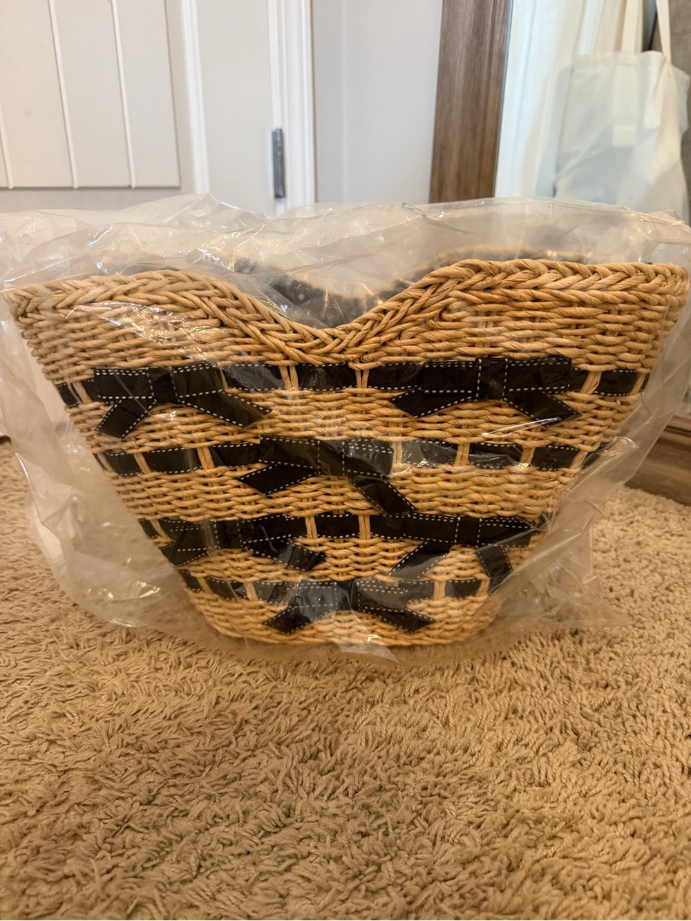 Woven Straw Basket Tote with Black Ribbon Detail